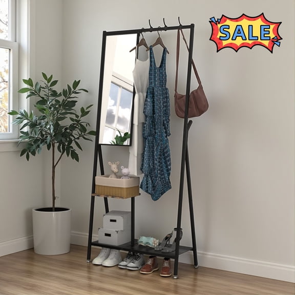 Tcbosik Coat Rack with Mirror, Freestanding Clothes Rack with Hanging Hooks and Storage Shelves, Garment Rack Organizer with Aluminum Frame for Closet, Bedroom, Hallway, Black+Brown