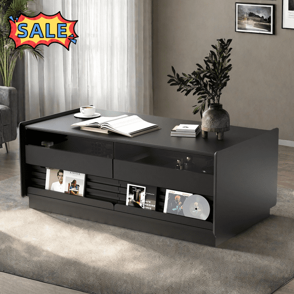 Tcbosik Coffee Table with 4 Drawers, 47.2 inch Modern Cocktail Table with Open Shelves and Magazine Holder, Center Table for Living Room, Easy Assembly, Black
