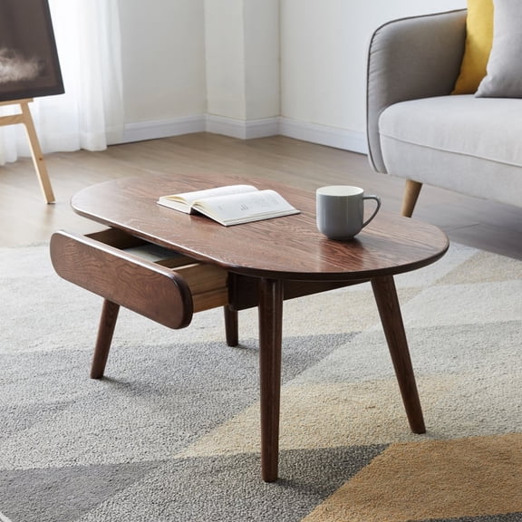 Tcbosik Coffee Table, Living Room Low Capsule Centre Table with Drawer, Solid Wood Top, Study Table Easy to Assemble, Walnut Writing Desk