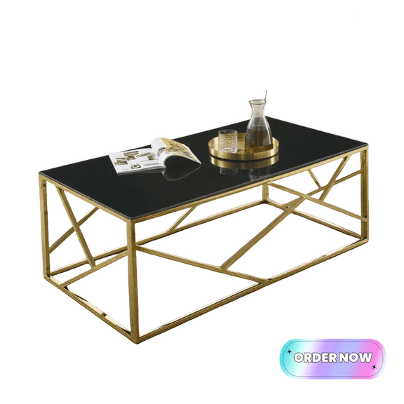 Tcbosik Coffee Table with Glass Top, 48" Rectangle Center Table with Stainless Steel Frame for Living Room, Bedroom, Polished Golden