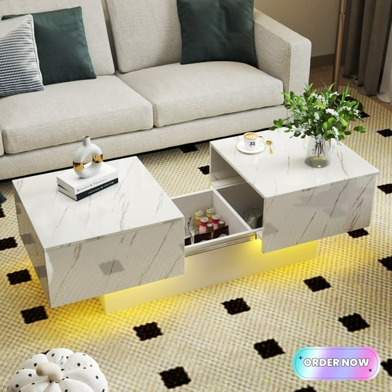 Tcbosik Coffee Table with Sliding Tabletop and Hidden Storage Space, 39.3"-59" Extendable Cocktail Table, Center Table for Living Room, White