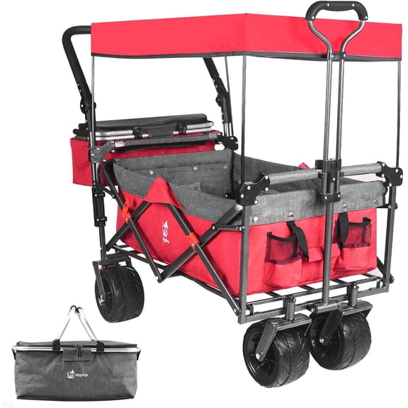 Tcbosik Collapsible Canopy Wagon with Canopy and Cooler Bag, Heavy Duty Outdoor Utility Garden Cart with Adjustable Handles and All Terrain Wheels for Sand Shopping, Picnic, Camping, Sports, Red