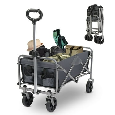 Tcbosik Collapsible Foldable Wagon, Large Capacity Beach Cart with Adjustable Handle, Heavy Duty Folding Wagon with Lockable Wheels for Sports, Shopping, Camping, Grey