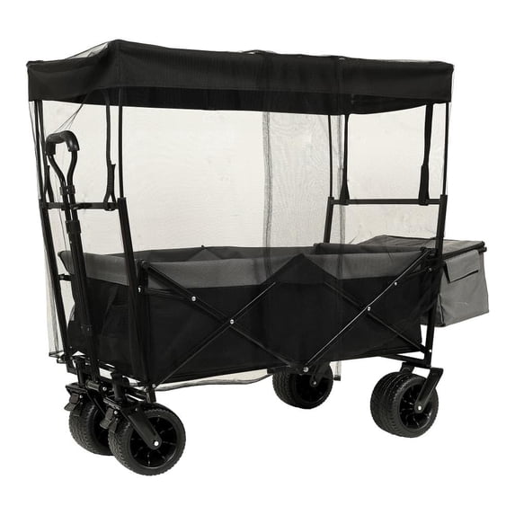Tcbosik Collapsible Wagon with Canopy and 7" All-Terrain Wheels, Portable & Foldable Utility Cart with Mosquito Net, Wagon Cart with Rear Bag and Cup Holders for Camping, Shopping, Black