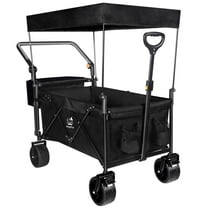 Tcbosik Collapsible Wagon with Removable Canopy, Heavy Duty Foldable Beach Storage Cart with Brake and All-Terrain Wheels, Outdoor Utility Cart with Ice Pack Frame and 2 Cup Holders, Black