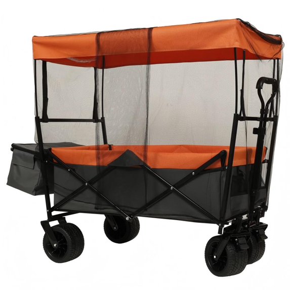Tcbosik Collapsible Wagon w/Removable Canopy, Foldable Garden Cart with Mosquito Net and 7" All-Terrain Wheels, Heavy Duty Utility Camping Beach Cart with Rear Bag and Cup Holders, Orange