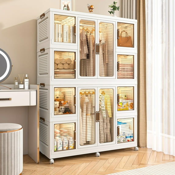 Tcbosik Collapsible Wardrobe Closet on Wheels, Portable Storage Organizer with Magnetic Doors and 2 Hanging Rods, Clothes Cabinet for Bedroom, Living Room, Easy to Assemble, Cream White