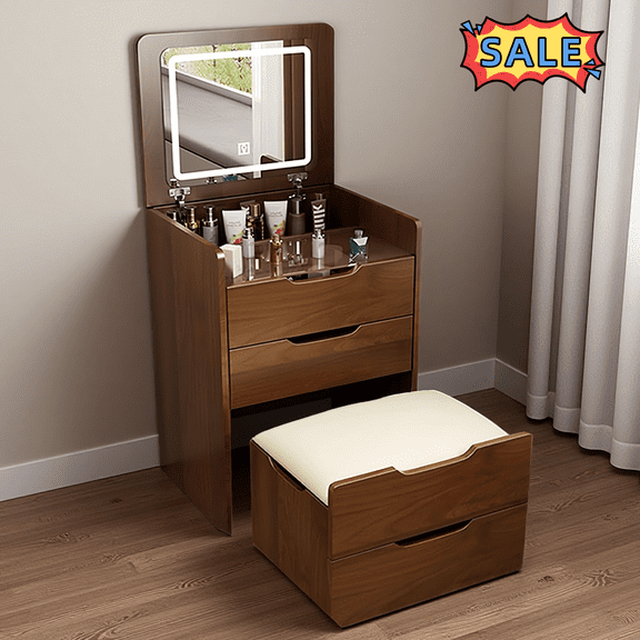 Tcbosik Compact Vanity Desk with Mirror, Flip Top Mirror and Cushioned Stool, Small Makeup Table with Glass Top, Dressing Table with 3 Storage Drawers for Bedroom, Walnut