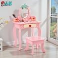 thumbnail image 1 of Tcbosik Compact Vanity Set with Stool and Mirror, Modern White Makeup Table with Drawer and Open Boxes, Pink Dot and Flower Patterns, Dressing Table for Bedroom, Pink, 1 of 8