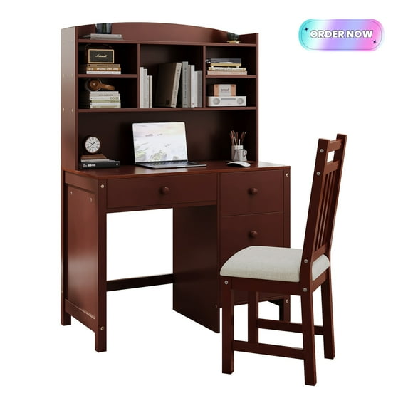 Tcbosik Computer Desk with Chair, 40" Executive Desk with 4 Storage Drawers, Linen Fabric Upholstered Chair, Home Office Desk with Hutch for Living Room, Bedroom, Espresso
