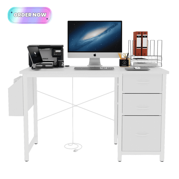 Tcbosik Computer Desk with Charging Station, 47" Home Office Desk with Side Pocket and 3 Drawers, Reversible Gaming Desk, Modern Writing Table for Living Room, Study Room, White
