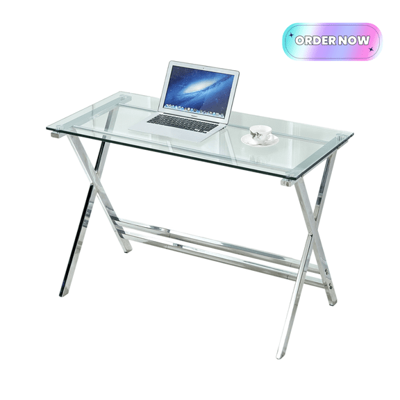 Tcbosik Computer Desk with Tempered Glass Top, Modern Writing Table for Home Office, Laptop Gaming Workstation for Living Room, Study Room, Easy Assembly, Clear