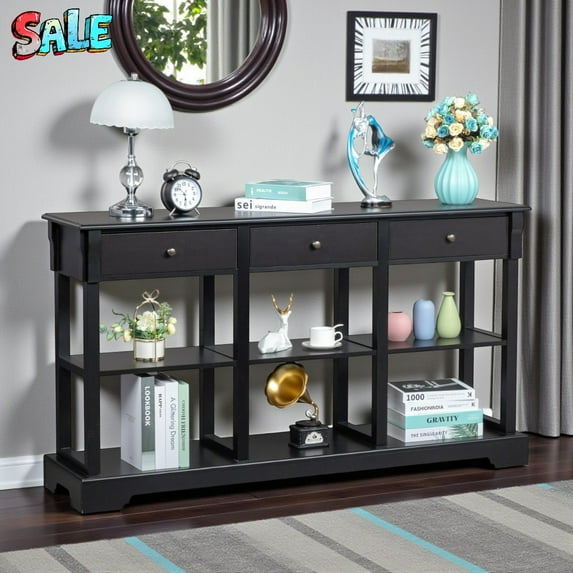 Tcbosik 58.2" Entryway Console Table with 3 Drawers and Double Shelves, Black MDF Sofa Table for Hallway & Living Room