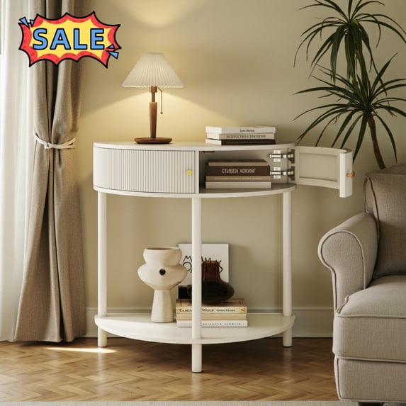 Tcbosik Console Table with 2 Drawers, Semi-Circle Entryway Table with Open Shelf, Half-Moon Foyer Table for Living Room, Hallway, Easy Assembly, Cream White