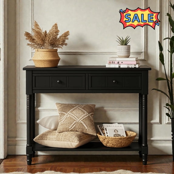Tcbosik Console Table with 2 Storage Drawers, Entryway Table with Open Shelf, 35.5 inch Behind Couch Table for Living Room, Hallway, Easy Assembly, Black