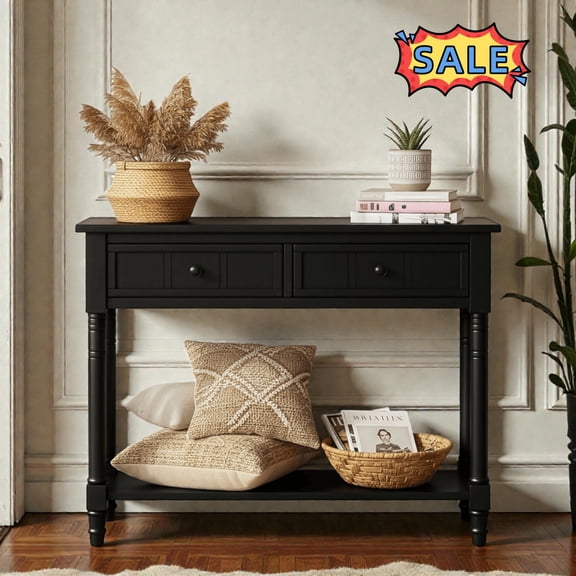 Tcbosik Console Table with 2 Storage Drawers, Entryway Table with Open Shelf, 35.5 inch Behind Couch Table for Living Room, Hallway, Easy Assembly, Black