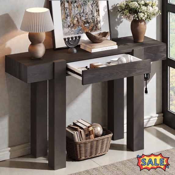 Tcbosik Console Table with Charging Station, 47.2 inch Farmhouse Entryway Table with Storage Drawers, Modern Sofa Table for Hallway, Living Room, Espresso
