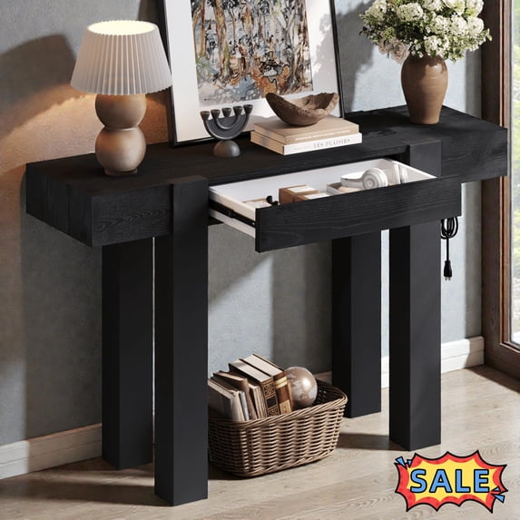Tcbosik Console Table with Charging Station and Storage Drawer, 47.2" Narrow Entryway Table, Behind Couch Table for Living Room, Hallway, Easy Assembly, Black
