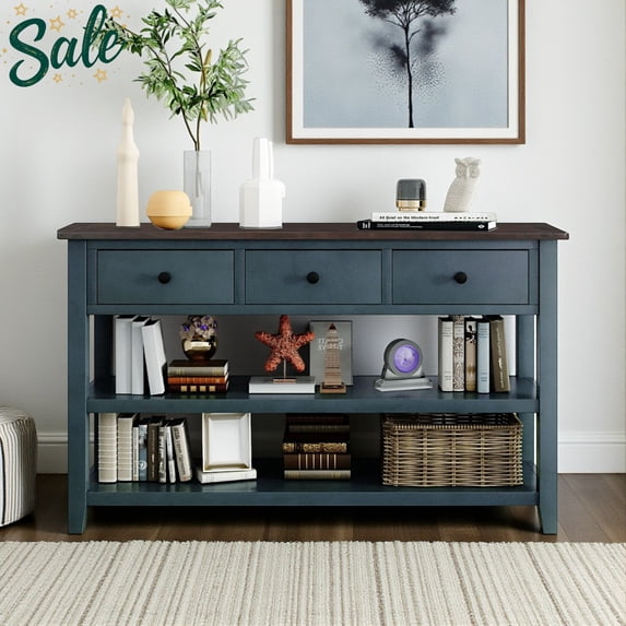 Tcbosik Console Table for Entryway, Farmhouse Wood Sofa Table with 3 Drawers & Storage Shelves for Living Room, Hallway Table and Modern Couch Tables Behind Sofa (Espresso+Navy)