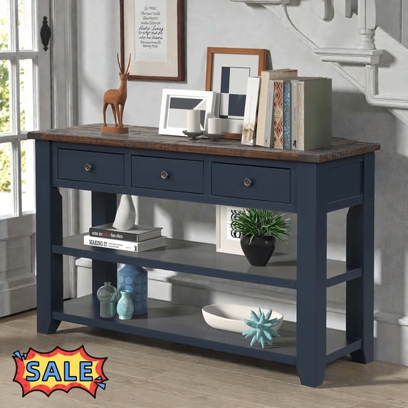 Tcbosik Console Table with Open Shelves and 3 Storage Drawers, Farmhouse Sofa Table, Accent Table for Entryway, Hallway, Foyer, Living Room, Space Saving, Navy Blue