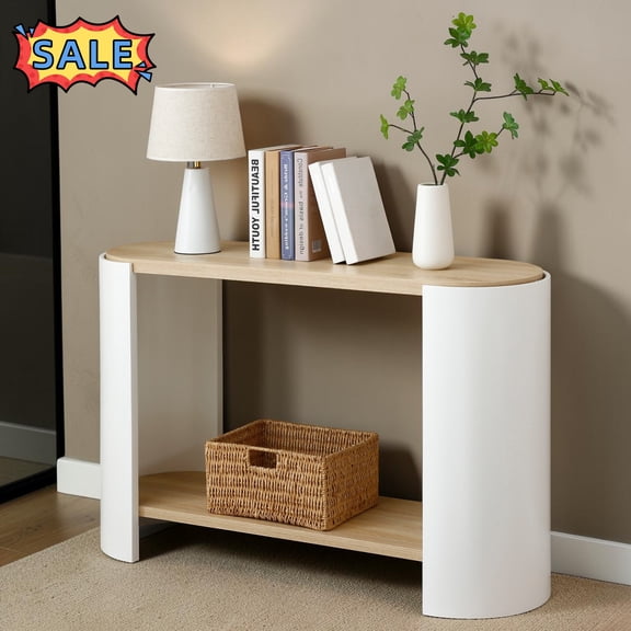 Tcbosik 2-Tier Console Table, Behind Couch Table with Storage Shelf, Entryway Table for Hallway, Foyer, Easy Assembly, White & Natural