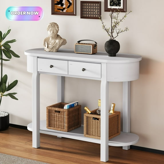 Tcbosik Console Table with Storage for Entryway, 2-Tier Behind Couch Table with Open Shelf, Entryway Table with 2 Drawers for Small Space, Living Room, Hallway, Antique White