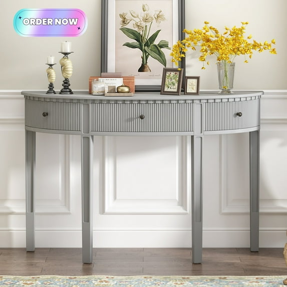 Tcbosik Console Table with 3 Storage Drawers, Modern Entryway Table, Half Moon Shaped Sofa Table for Living Room, Hallway, Antique White