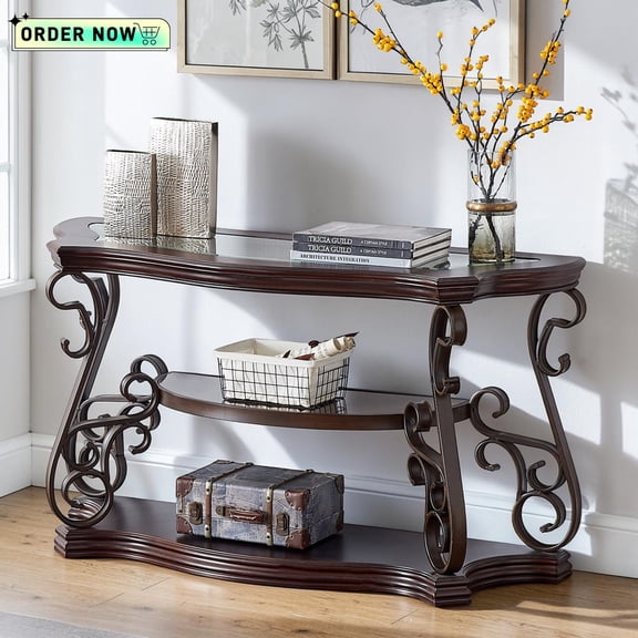 Tcbosik Console Table with Glass Top, 3 Tier Entryway Table with Storage Shelves for Living Room Hallway Entrance Bedroom, Brown