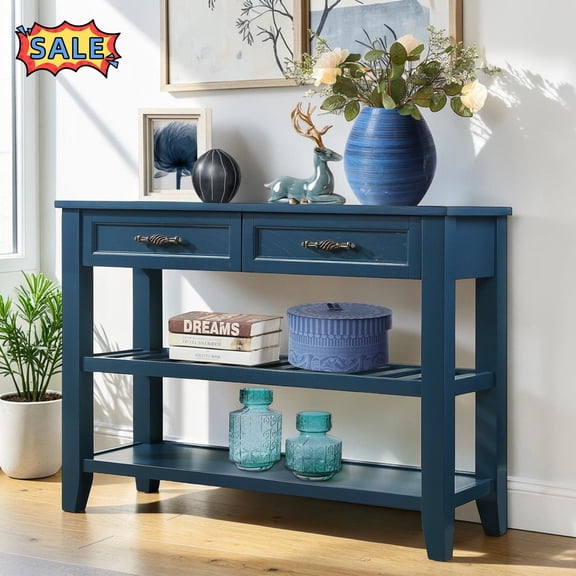 Tcbosik Console Table with Open Shelves and 2 Storage Drawers, 42 Inch Sofa Table, Behind Couch Table for Entryway, Hallway, Living Room, Navy Blue