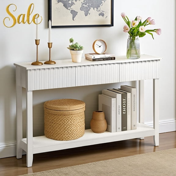 Tcbosik Contemporary White Console Table with 3 Drawers and Open Shelf, Ideal for Entryway, Living Room, or Hallway Storage, 51.2"L x 11.8"W x 31.9"H