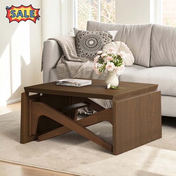 Tcbosik Convertible Coffee Table, Height Adjustable Extendable Dining Table, 2-in-1 Center Table for Living Room, Walnut