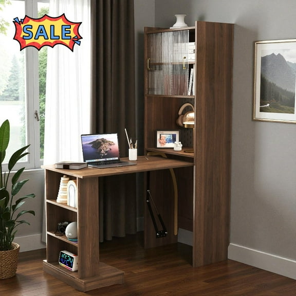 Tcbosik Convertible Writing Table with Pegboard and 2 Sliding Glass Doors, Folding Computer Desk with Open Shelves, Study Table for Small Space, Home Office, Walnut