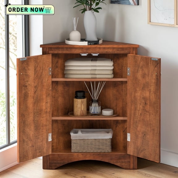 Tcbosik Floor Corner Cabinet with Doors, Small Storage Cabinet with Adjustable Shelves, Home Space Saver for Living Room, Bathroom, Kitchen, Brown