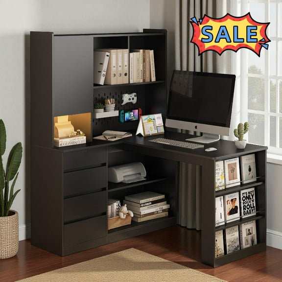 Tcbosik Corner Computer Desk with LED Lights and Charging Station, L-Shaped Desk with Hutch and Pegboard, Writing Table with Bookshelf, Study Table with Door, Open Shelves & 4 Storage Drawers, Black