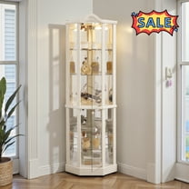 Tcbosik Corner Curio Cabinet with Lights, Floor Standing Display Cabinet with Tempered Glass Doors, Wine Storage Cabinet with Adjustable Shelves for Living Room, Dining Room, White