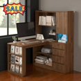 thumbnail image 1 of Tcbosik Corner Desk with LED Lights and Charging Station, L-Shaped Computer Desk with Hutch and Bookshelf, Home Office Table with Pegboard, Study Writing Desk with Door and 4 Drawers, Wood Color, 1 of 6