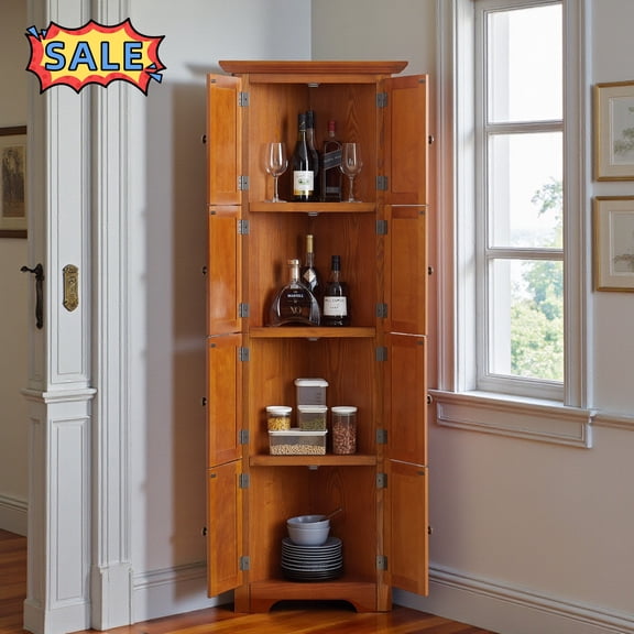 Tcbosik Corner Storage Cabinet with 8 Doors, Kitchen Pantry Cabinet with Adjustable Shelves, Multi-Function Bookcase for Bathroom Living Room Dining Room, Oak