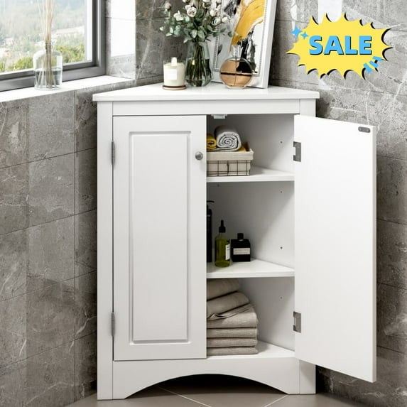 Tcbosik Corner Storage Cabinet with Adjustable Shelves, Small Bathroom Cabinet with 2 Doors, Freestanding Cabinet for Kitchen, Living Room, White