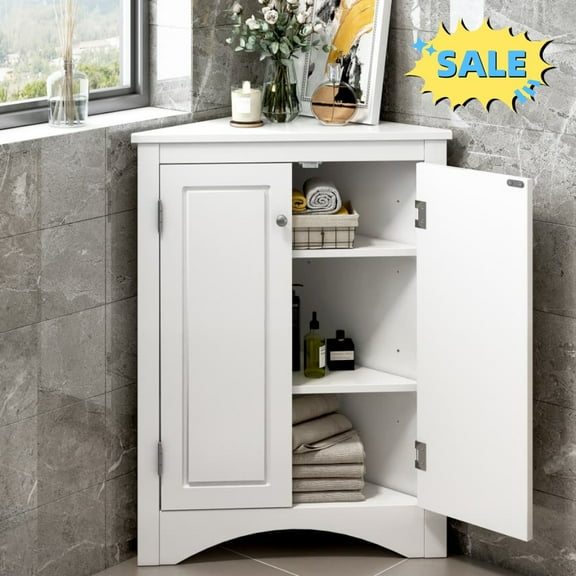 Tcbosik Corner Storage Cabinet with Adjustable Shelves, Small Bathroom Cabinet with 2 Doors, Freestanding Cabinet for Kitchen, Living Room, White