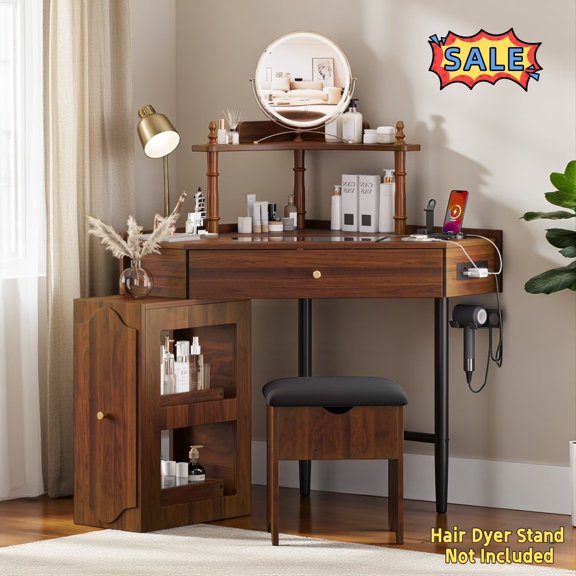 Tcbosik Corner Vanity Desk with Lighted Mirror, Charging Station and Storage Cushioned Stool, Makeup Dressing Table with Pull-Out Side Cabinet, Open Shelf and Storage Drawer, Space Saving, Walnut