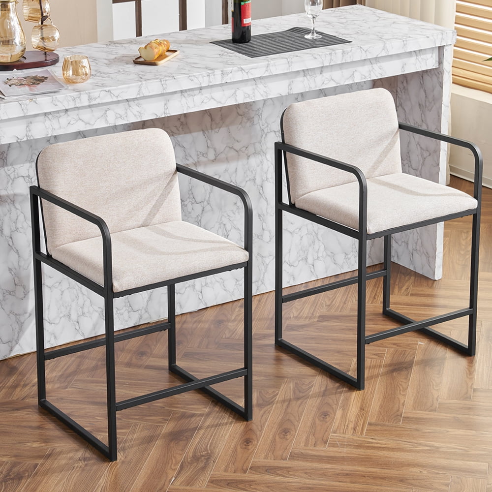 Beige Upholstered Metal Frame Counter Height Bar Stools Set of 2