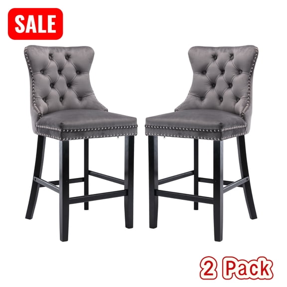 Tcbosik Counter Height Bar Stools Set of 2, Velvet Upholstered Barstool with Button Tufted Back, Armless Bar Chair with Wood Legs for Kitchen Island, Easy Assembly, Gray & Black