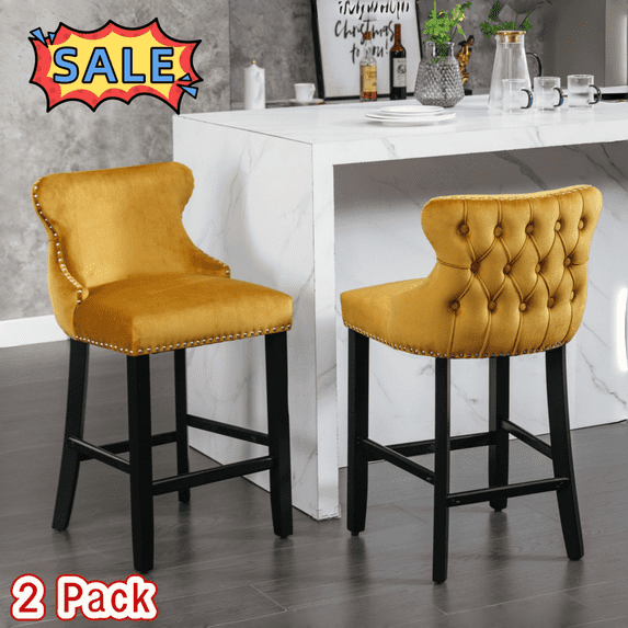 Tcbosik Counter Height Bar Stools Set of 2, Velvet Upholstered Barstools with Wood Legs and Button Tufted Design, Bar Chair for Kitchen Island, Dining Room, Home Pub, Gold