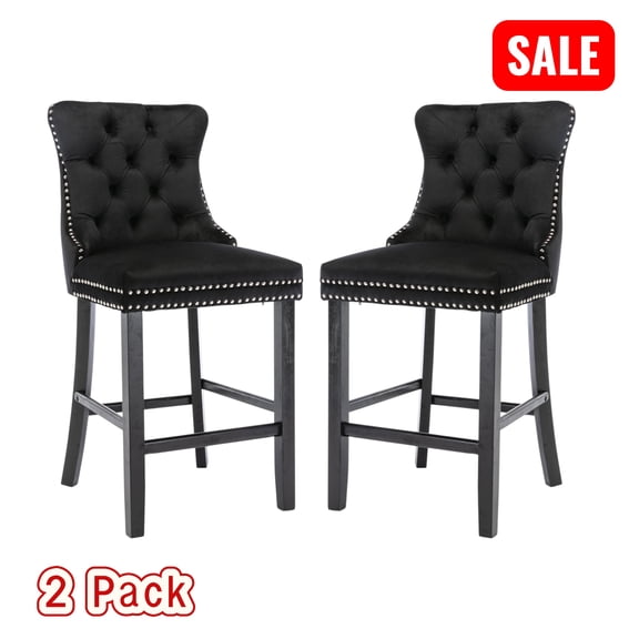 Tcbosik Counter Height Bar Stools Set of 2, Velvet Upholstered Barstools with Wood Legs, Nailhead Trim and Button Tufted Back, Bar Chair for Kitchen Island, Dining Room, Pub, Black