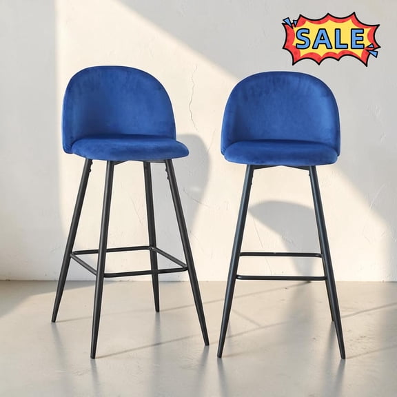 Tcbosik Counter Height Bar Stools Set of 2, Velvet Modern Bar Stools with Back, Armless Bar Chairs with Metal Legs, Easy Assembly, Blue