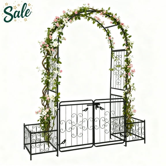 Tcbosik Courtyard Arc Top Iron Garden Arch with Gates & Side Planter, 7.2ft Free-Standing Outdoor Trellis Archway for Climbing Plants, Vines, Roses & Vegetables, Black