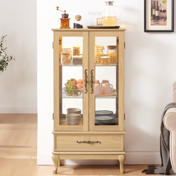 Tcbosik Curio Cabinet with 2 Glass Doors, Lighted Display Cabinet with Adjustable Shelves and Storage Drawer, Light Oak