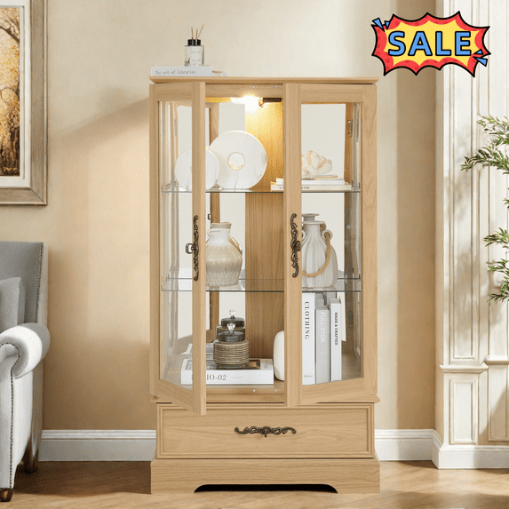 Tcbosik Curio Cabinet with Drawer and 2 Tempered Glass Doors, Display Showcase with Shelves and Light for Home Office, Oak