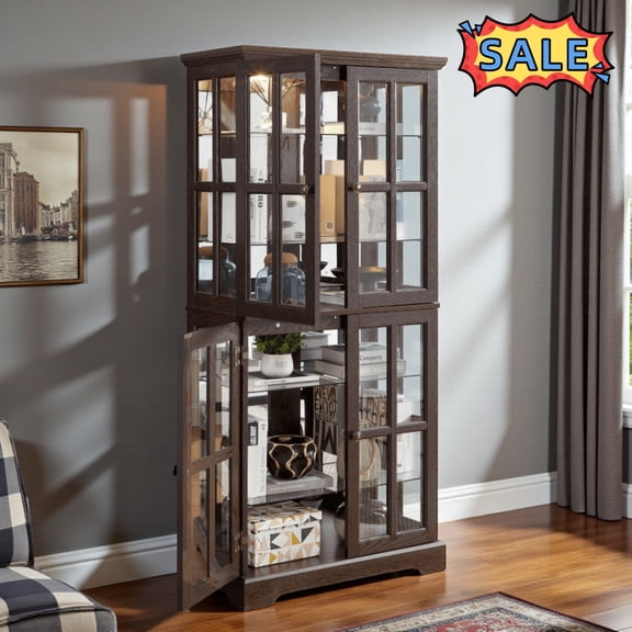 Tcbosik Curio Cabinet with Tempered Glass Doors and Adjustable Shelves, 68.7"H Display Cabinet with Bulb for Bar and Liquor Storage, Cherry