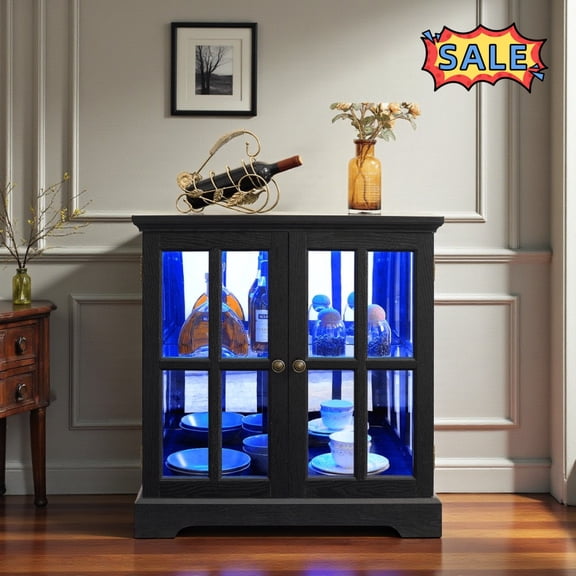 Tcbosik Curio Display Cabinet with LED Lights and 2 Glass Doors, Modern Storage Cabinet with Adjustable Shelf, Sideboard Buffet for Living Room, Dining Room, Kitchen, Black